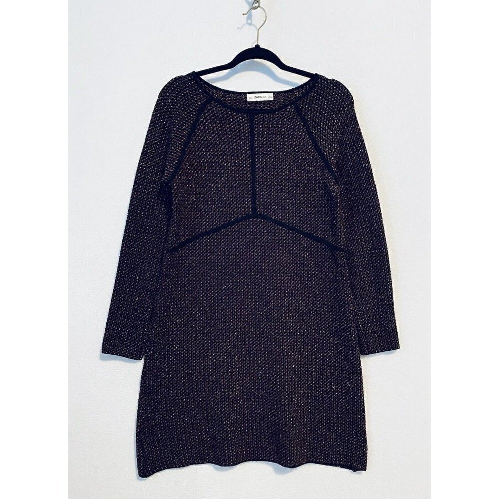 Zara Knit Sweater Dress Womens Medium Metallic Copper Knit Black Tweed Boho - Picture 2 of 5